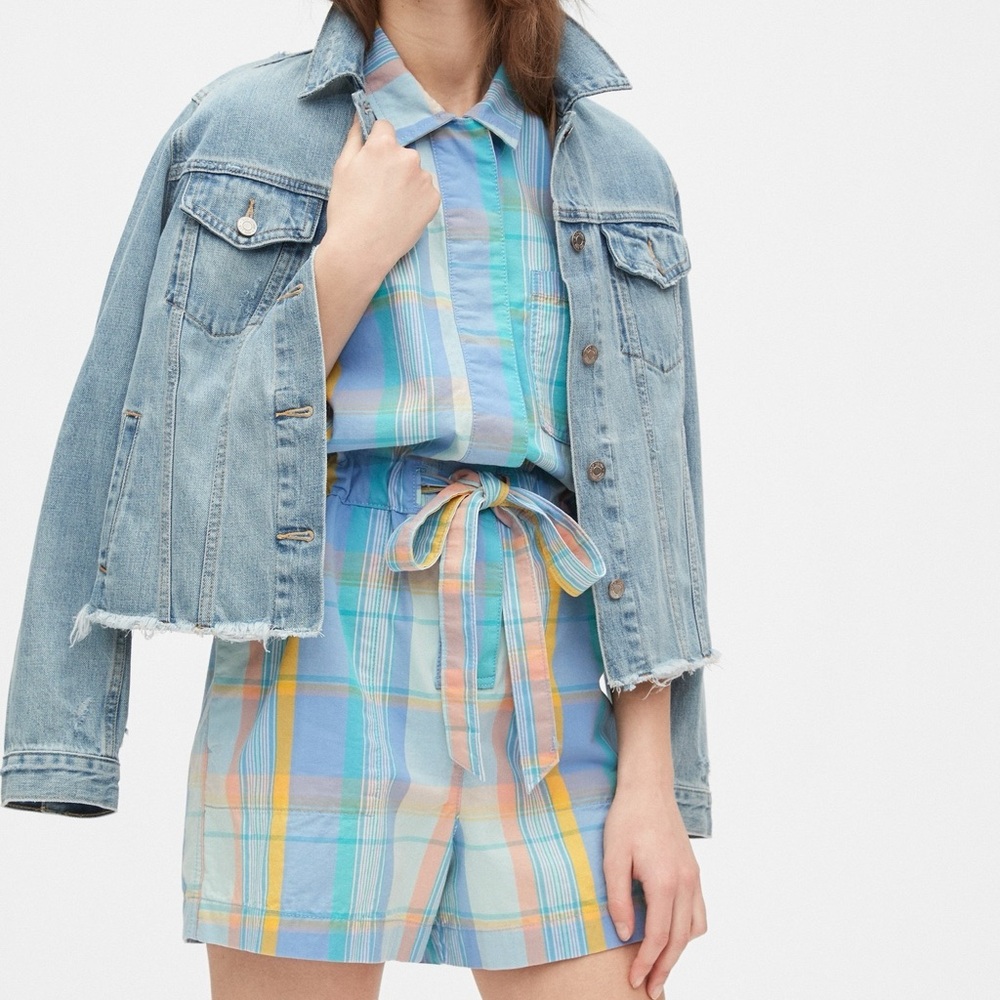 Gap Short Sleeve Madras Plaid Romper Size 00 NWT Blue, White, Salmon, Yellow